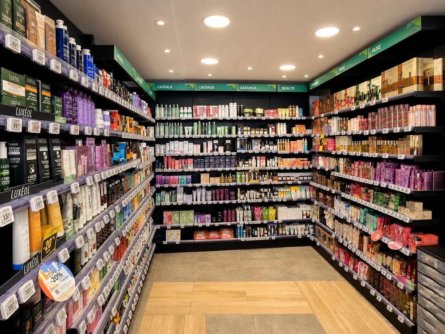 Allée parapharmacie de la Pharmacie Saint-Martin à Hénin-Beaumont : linéaires d'hygiène, de soins capillaires et de cosmétiques du sol au plafond
